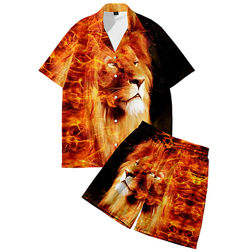 

Men's Shirt Suits 3D Print Lion Animal Button-Down 3D Print Short Sleeve Daily Tops Casual Fashion Breathable Yellow