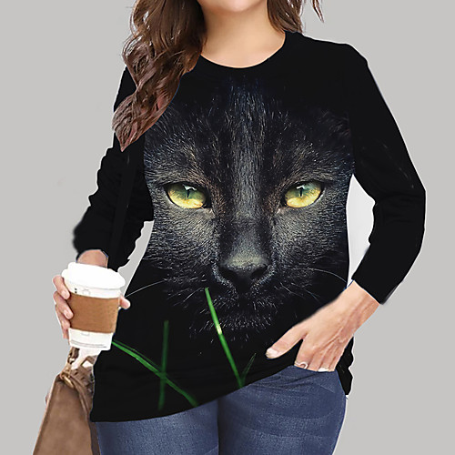 

Women's Plus Size Print Cat Graphic Animal T shirt Large Size Crewneck Long Sleeve Tops XL XXL 3XL White Blue khaki Big Size