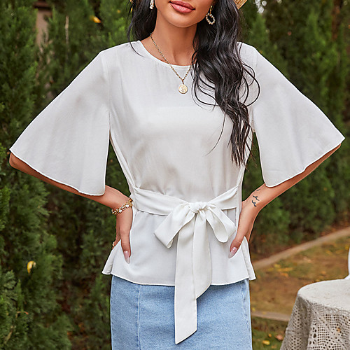 

Women's Blouse Shirt Plain Long Sleeve Lace up Round Neck Tops Elegant Vintage Basic Top White