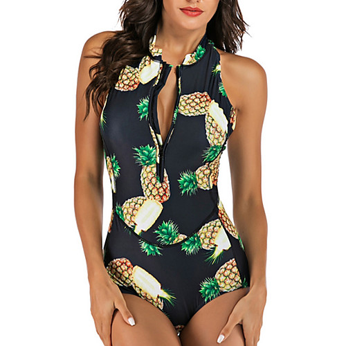 

Women's One Piece Monokini Swimsuit Zipper Slim Color Block Fruit Black Swimwear Padded Bodysuit High Neck Bathing Suits New Fashion Sexy