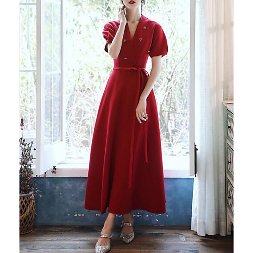 

A-Line Glittering Minimalist Wedding Guest Cocktail Party Dress V Neck Short Sleeve Ankle Length Stretch Fabric with Sash / Ribbon Buttons 2021