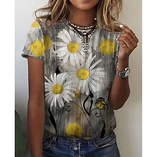

Women's T shirt Graphic Floral 3D Print Round Neck Tops Basic Basic Top Gray