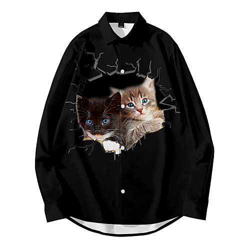 

Men's Shirt 3D Print Cat Animal Button-Down 3D Print Long Sleeve Daily Tops Casual Fashion Hawaiian Black