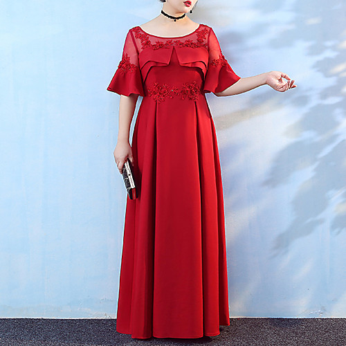 

A-Line Plus Size Floral Engagement Prom Dress Illusion Neck Half Sleeve Floor Length Satin with Appliques 2021