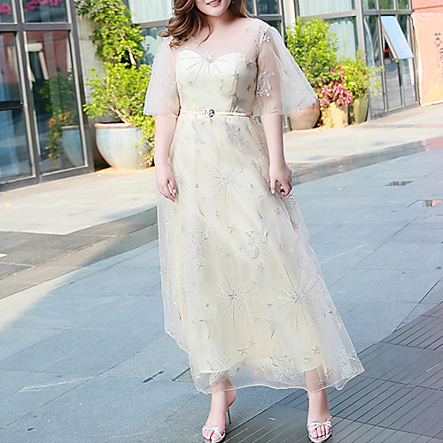 

A-Line Plus Size Elegant Wedding Guest Prom Dress Jewel Neck Half Sleeve Ankle Length Tulle with Sequin 2021