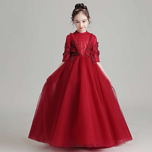 

Princess / Ball Gown High Neck Floor Length Tulle Junior Bridesmaid Dress with Pleats / Beading / Ruffles