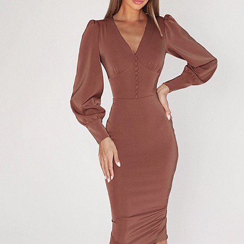 

Women's A Line Dress Knee Length Dress Brown Long Sleeve Solid Color Spring Summer V Neck Sexy 2021 S M L