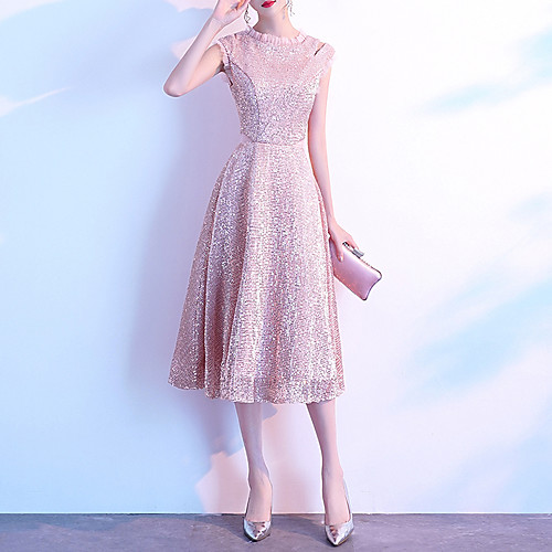 

A-Line Sparkle Elegant Homecoming Cocktail Party Dress High Neck Sleeveless Tea Length Sequined with Sequin 2021