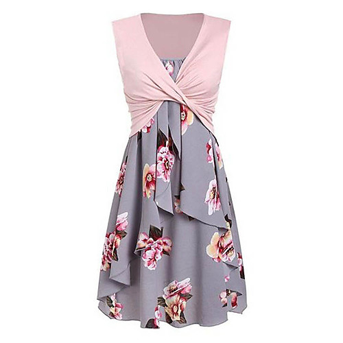 

Women's Strap Dress Knee Length Dress Pink Sleeveless Floral Layered Print Spring Summer Square Neck Elegant 2021 S M L XL XXL