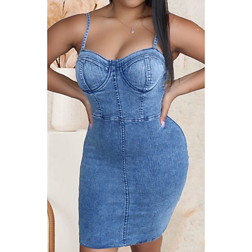 

Women's Denim Dress Short Mini Dress Light Blue Sleeveless Solid Color Patchwork Summer V Neck Casual 2021 S M L XL XXL