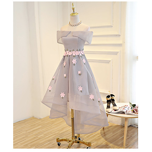 

A-Line Off Shoulder Tea Length Tulle Bridesmaid Dress with Sash / Ribbon / Appliques