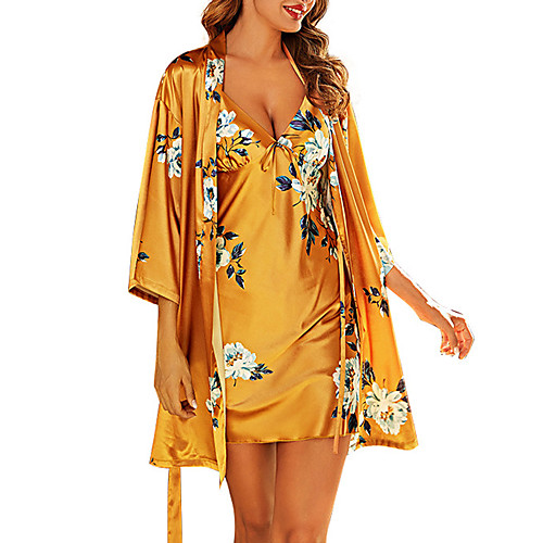

Women's Home Polyester Normal Stylish V Neck Loungewear Half Sleeve Floral Style Spring S Yellow