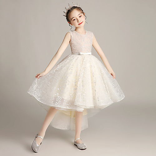 

Princess Asymmetrical Wedding / Event / Party Flower Girl Dresses - Lace Sleeveless Jewel Neck with Lace / Solid