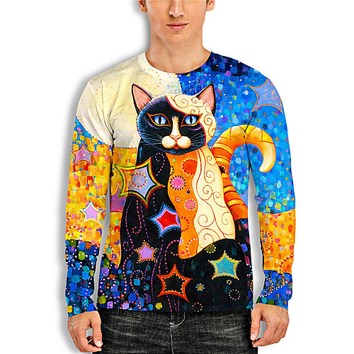 

Men's Tunic 3D Print Cat Graphic Animal Print Long Sleeve Daily Tops Basic Casual Yellow