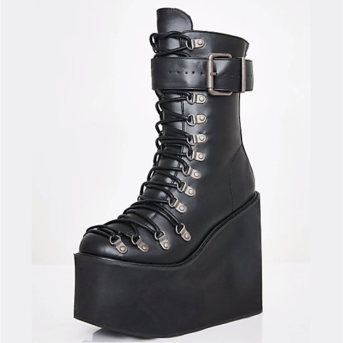 

Women's Boots Wedge Heel Round Toe Mid Calf Boots Punk & Gothic Daily PU Synthetics Buckle Lace-up Black