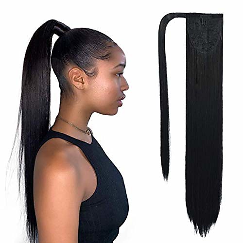 

hua si straight synthetic ponytail extension, 22 inch heat resistant thick natural wrap around hairpiece ponytail wrap pony wig with magic paste for women girl, black