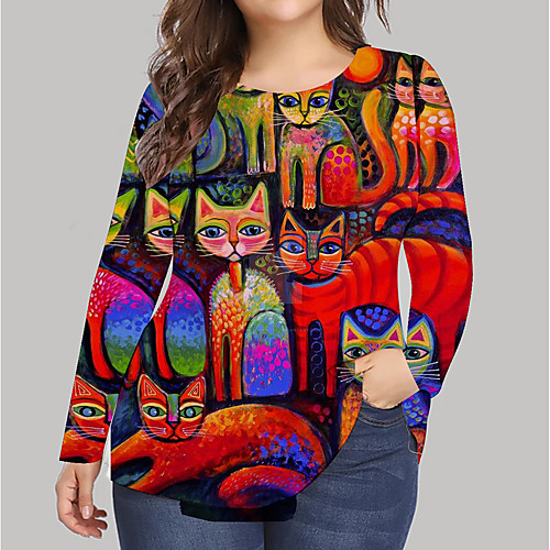 

Women's Plus Size Print Cat Graphic Animal T shirt Large Size Round Neck Long Sleeve Tops Big Size