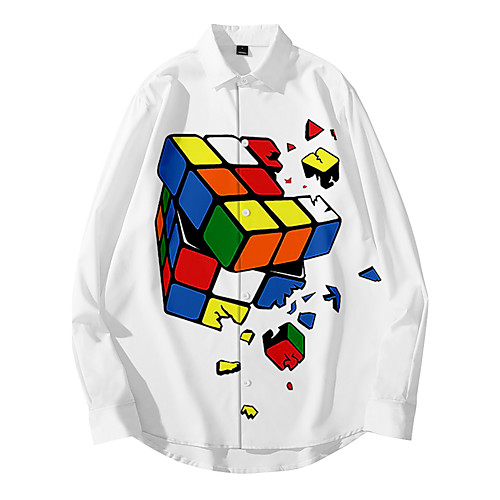 

Men's Shirt 3D Print Rubik's Cube Button-Down 3D Print Long Sleeve Casual Tops Casual Fashion Breathable Comfortable White