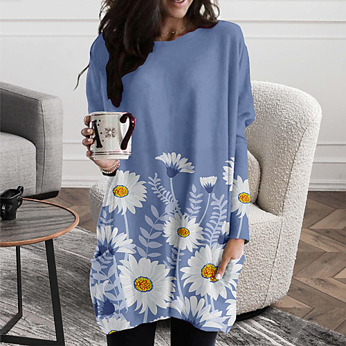 

Women's Shift Dress Short Mini Dress Blue Long Sleeve Floral Color Block Print Fall Spring Round Neck Casual 2021 S M L XL XXL 3XL