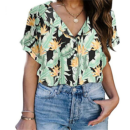 

Women's Plus Size Print Floral Blouse Large Size Shirt Collar Short Sleeve Streetwear Tops S M L Black Green Big Size