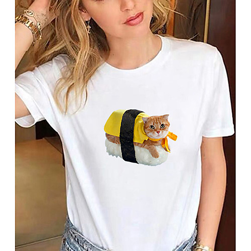 

Women's T shirt Cat Graphic Print Round Neck Tops 100% Cotton Basic Basic Top White Black