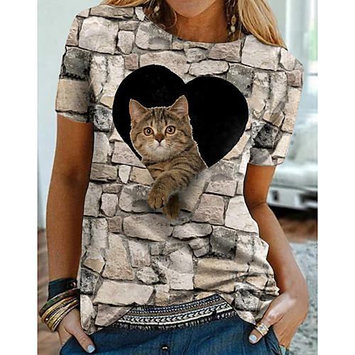 

Women's T shirt Cat Graphic Heart Print Round Neck Tops Basic Basic Top Gray