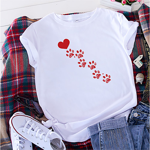 

Women's T shirt Heart Print Round Neck Tops 100% Cotton Basic Basic Top White Black Red