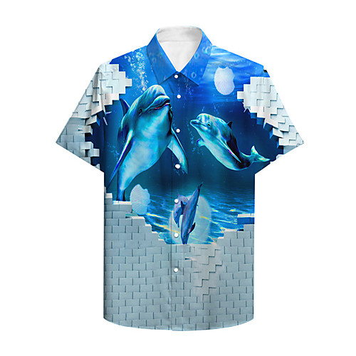 

Men's Shirt 3D Print Graphic Prints Fish Animal Button-Down Print Short Sleeve Daily Tops Casual Designer Big and Tall Blue