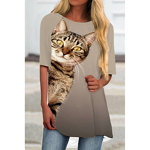

Women's T Shirt Dress Tee Dress Short Mini Dress Khaki Half Sleeve Cat Animal Print Spring Summer Round Neck Casual 2021 S M L XL XXL 3XL