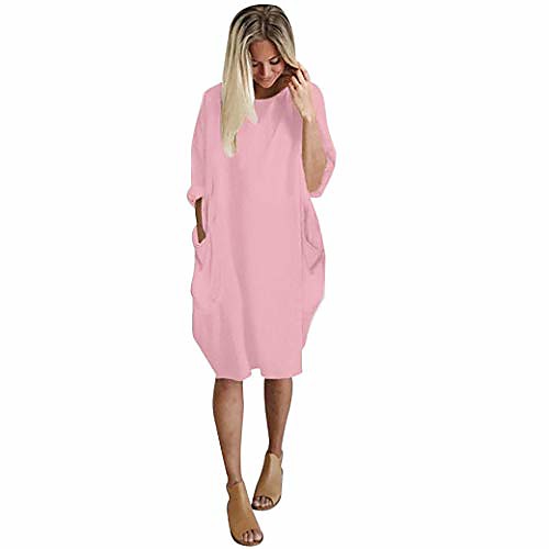 

mnyycxen women's cocoon midi dress, crew neck casual bubble hem tunic with pockets (l, pink)