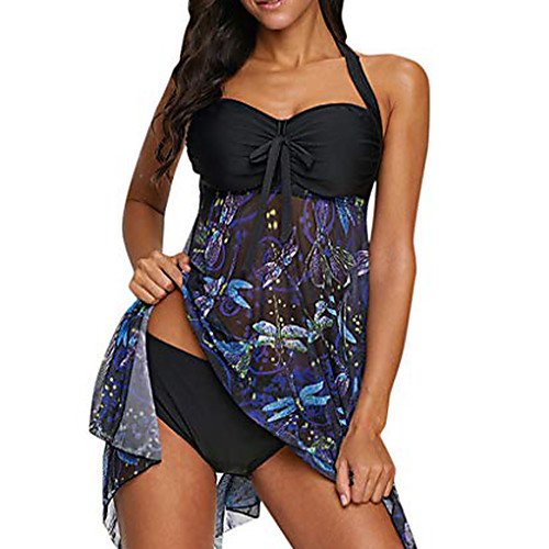 

plus size swimdress,women plus size takini mesh patchwork print swimsuit beachwear padded swimwear(black,small)