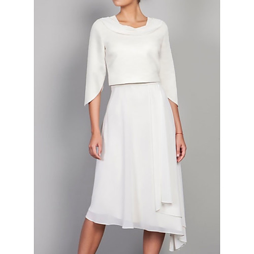 

A-Line Mother of the Bride Dress Elegant Cowl Neck Knee Length Chiffon 3/4 Length Sleeve with Ruffles 2021