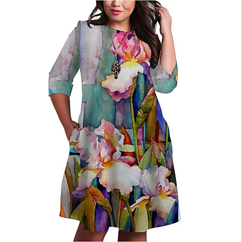 

Women's Plus Size Graphic Color Block Floral Print Casual 3/4 Length Sleeve Fall Knee Length Dress Shift Dress Green