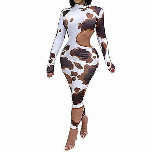 

guxmo womens sexy long sleeve hollow out dresses print bodycon cutout maxi dress casual party club cocktail outfit