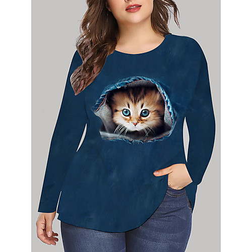 

Women's Plus Size Print Cat Graphic Animal T shirt Large Size Crewneck Long Sleeve Tops XL XXL 3XL Blue Big Size