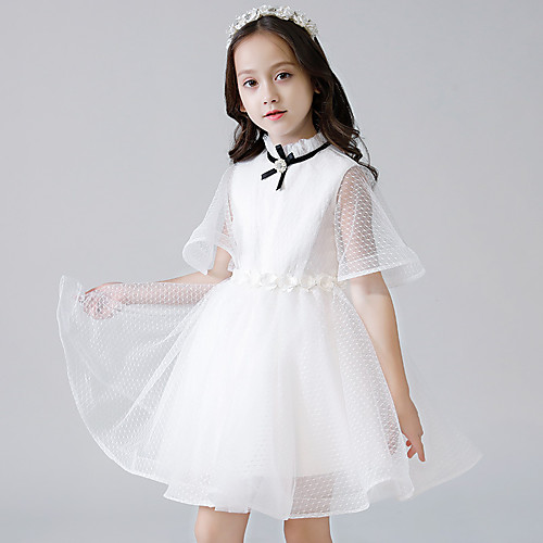 

Princess / Ball Gown Knee Length Wedding / Party Flower Girl Dresses - Tulle Half Sleeve High Neck with Bow(s) / Appliques / Butterfly