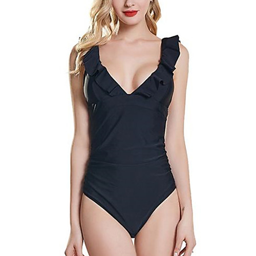 

Women's One Piece Romper Swimsuit Ruffle Slim Solid Color Leaf Black Swimwear Bathing Suits Sexy Lady / Sweet