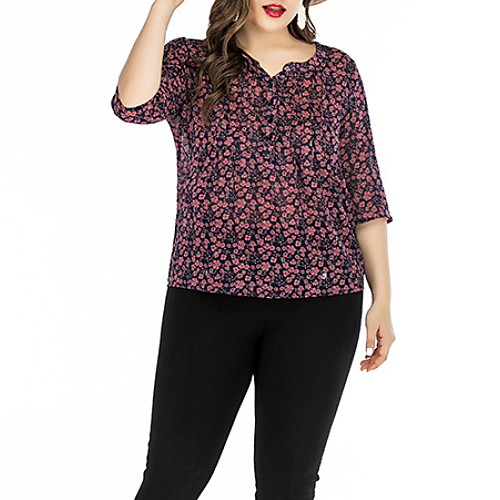 

Women's Plus Size Print Floral Blouse Large Size V Neck 3/4 Length Sleeve Tops XL XXL 3XL Wine Gray Big Size