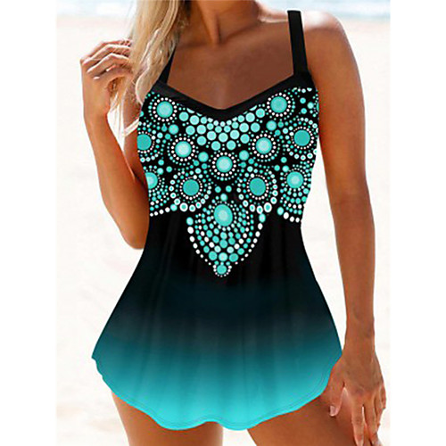

Women's One Piece Monokini Swimsuit Tummy Control Open Back Print Tribal Abstract Blue Green Swimwear Bodysuit Strap Bathing Suits New Fashion Sexy / Beach Dress / Floral
