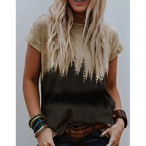 

Women's T shirt Graphic Color Block Print Round Neck Tops Basic Basic Top Khaki