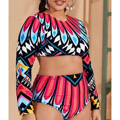 

Women's Plus Size Blouse T shirt Fashion Sexy Bikini 2 Piece Swimsuit Tummy Control Push Up Color Block Jewel Neck Swimwear Bathing Suits Blue / Geometric