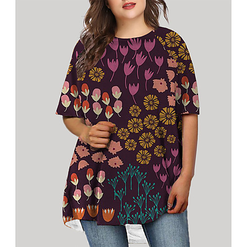 

Women's Plus Size Graphic Color Block Floral Print Casual Half Sleeve Fall Short Mini Dress T Shirt Dress Tee Dress Purple