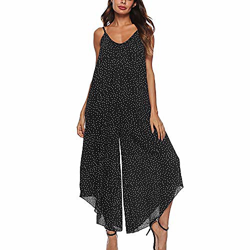 

jusfa women's spaghetti strap jumpsuits v neck wide leg long pant dot one piece romper black x-large