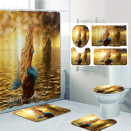 

Bathroom Shower Curtain & Mat Set Classic Polyester Waterproof