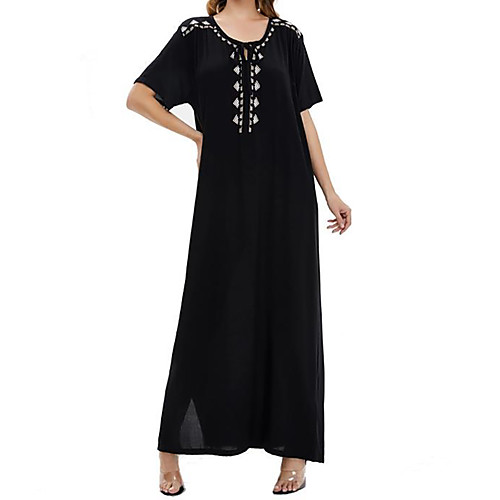 

Women's Kaftan Dress Maxi long Dress Black Yellow Half Sleeve Solid Color Embroidered Spring Summer Round Neck Elegant 2021 M L XL XXL