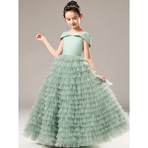 

Princess / A-Line Floor Length Wedding / Party Flower Girl Dresses - Satin / Tulle Short Sleeve Off Shoulder with Tiered