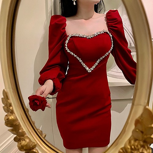 

Sheath / Column Elegant Vintage Homecoming Cocktail Party Dress Scoop Neck Long Sleeve Short / Mini Stretch Fabric with Crystals 2021