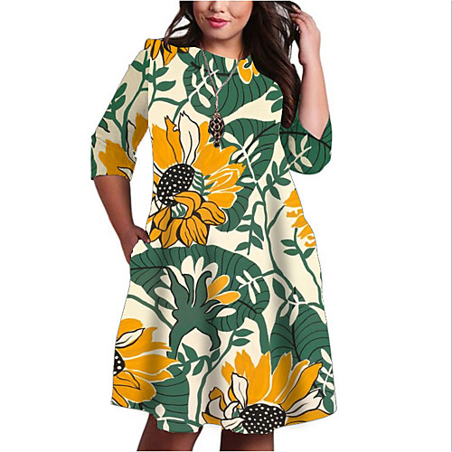 

Women's Plus Size Dresses Shift Dress Knee Length Dress 3/4 Length Sleeve Floral Graphic Color Block Print Casual Fall Green XL XXL 3XL 4XL 5XL / Holiday