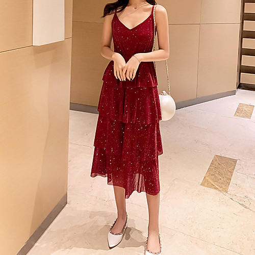 

A-Line Sparkle Sexy Cocktail Party Prom Dress V Neck Sleeveless Tea Length Sequined with Sequin Tier 2021