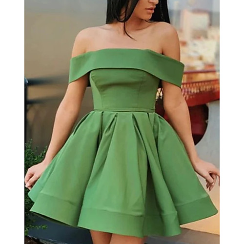 

A-Line Minimalist Sexy Homecoming Cocktail Party Dress Off Shoulder Sleeveless Short / Mini Satin with Pleats 2021